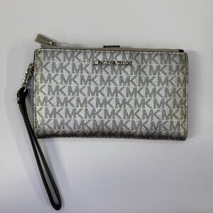 Michael Kors Jet Set Travel Double Zip Wristlet Silver Leather Wallet Phone Case